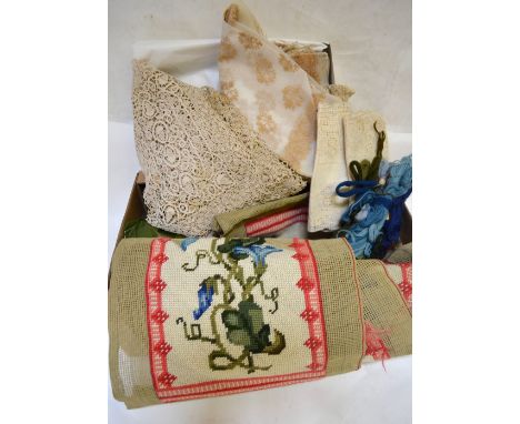 Embroidered voile table runner and set of napkins, other table runners, a set of eight finely worked place mats, crocheted do