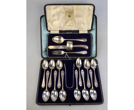 A cased set of twelve Victorian bright-cut teaspoons with tongs, Josiah Williams & Co., London 1884, to/w a cased Christening