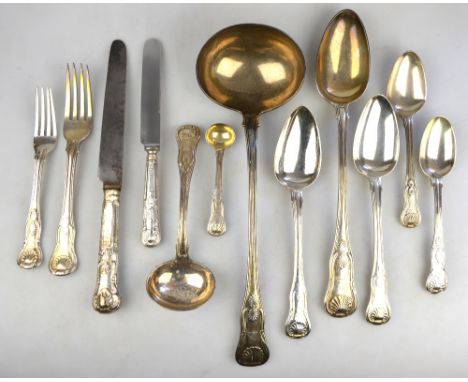 An extensive mixed set of mostly George III to Victorian silver King's pattern flatware and cutlery, comprising nineteen tabl