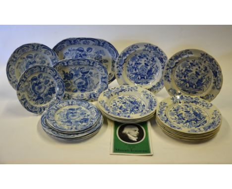 A 19th century Masons Patent Ironstone blue and white transfer plates decorated with flowers and comprising: 4 x 23.8 cm; 3 x