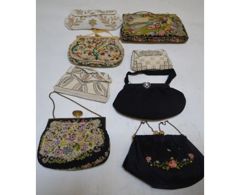 Eight vintage evening bags to include; three tapestry examples, three cream beaded bags and two black silk examples (one embr