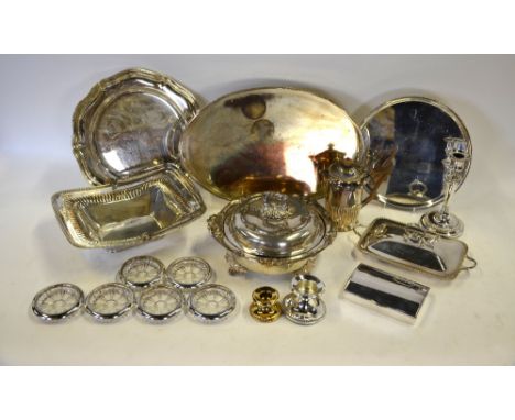 A 19th century electroplated fruit basket with swing handle, to/w a hot dish and cover with ornate cast mounts, a candlestick