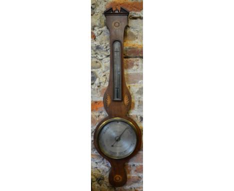 G Broggi - a 19th century shell and flower inlaid mahogany balloon barometer having a silvered dial beneath a conforming ther