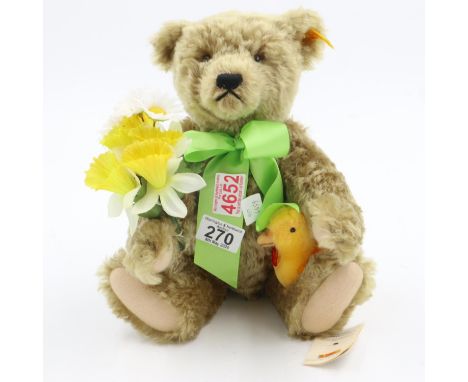 Steiff bear - Spring, H: 22 cm. Excellent condition, no tears, yellow tag/red text, flowers, duck and bow in excellent condit