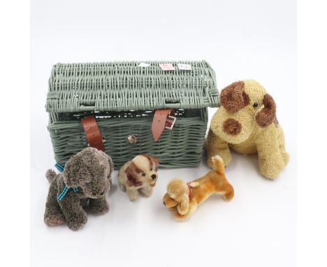 Toy dogs in wicker basket, two being early Steiff. UK P&amp;P Group 2 (£20+VAT for the first lot and £4+VAT for subsequent lo