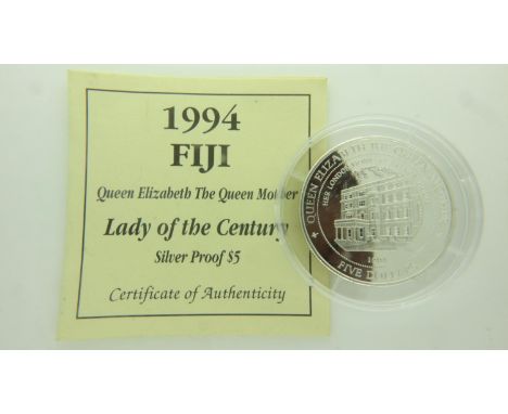 1994 silver proof five dollars of Fiji. UK P&amp;P Group 0 (£6+VAT for the first lot and £1+VAT for subsequent lots) 