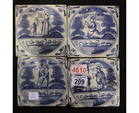Four early Delft 6" tiles with a religious theme. UK P&amp;P Group 2 (£20+VAT for the first lot and £4+VAT for subsequent lot