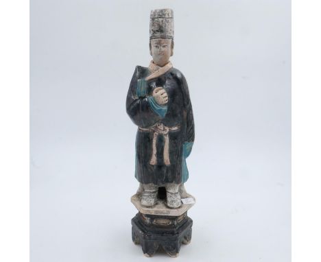 Ming Dynasty polychrome guardian figurine, H: 40 cm, in good condition. UK P&amp;P Group 3 (£30+VAT for the first lot and £8+