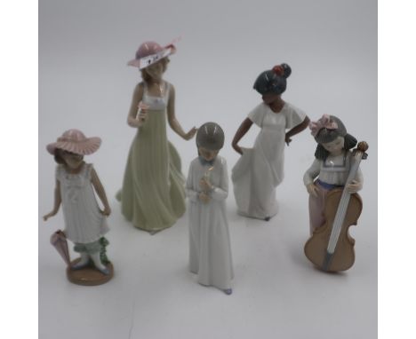 Five mixed Nao figurines, largest H: 26 cm, petals damaged to one. UK P&amp;P Group 3 (£30+VAT for the first lot and £8+VAT f