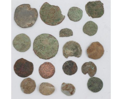 Collection of UK found coins, including rose farthings, lead trade counters jettons and some Roman. UK P&amp;P Group 1 (£16+V