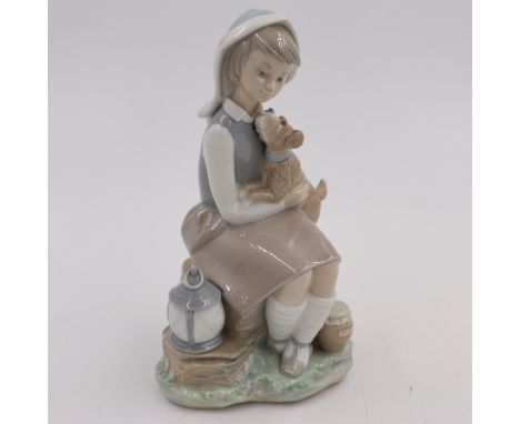 Lladro figure of a girl with dog, H: 21 cm, no cracks or chips. UK P&amp;P Group 1 (£16+VAT for the first lot and £2+VAT for 