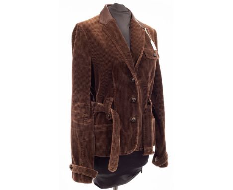A Ralph Lauren brown cord short fitted jacket with leather half collar, patch pockets and belt, unlined, size 8 CONDITION REP