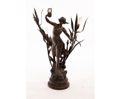 After Georges Maxim (1895-1940), an Art Nouveau style spelter figural lamp, Lady of the Rushes, 71cm high (damages) CONDITION