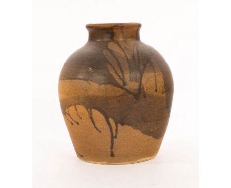Ian Godfrey (1942-1992), an early stoneware vase with pale brown glaze with dark olive green pours running around the shoulde