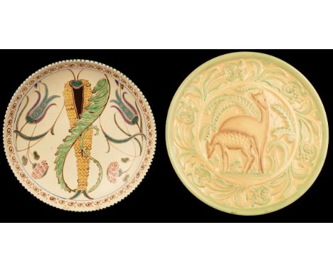 A Honiton pottery charger, floral decoration, signed J.B., 36.5cm diameter and a Burleigh ware charger with embossed design o