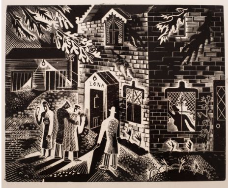 Curwen Studio/Iona/monochrome proof lithograph, plate size 15.5cm x 19cm/and four others of houses and figures, various sizes