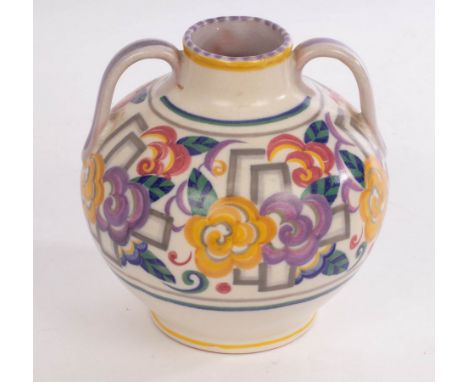 Poole Pottery, a floral twin handled vase, shape 202 with incised mark, 16.5cm high CONDITION REPORT: Condition information i