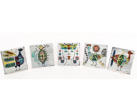 A set of five ceramic tiles, by Azu-Vi, Villarreal, Spain, late 20th Century, four decorated fantastical birds in polychrome 