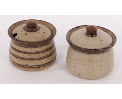 David Leach (1911-2005), two Lowerdown Pottery jam pots with lids, one painted foxglove pattern, the other painted bands, imp