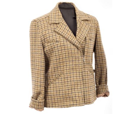 A Ralph Lauren tweed zip front Jacket with four zip pockets, size 8, together with a pair of Ralph Lauren trousers with leath