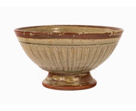 Richard Batterham (1936-2021), a stoneware pedestal bowl with fluted sides, ash glaze, 22.5cm diameter, 12cm high  CONDITION 