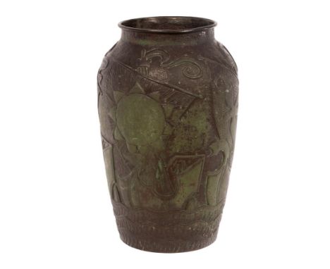 John Pearson (1859-1930), an Arts & Crafts large copper walking stick/umbrella stand embossed galleons, sea creatures and sun