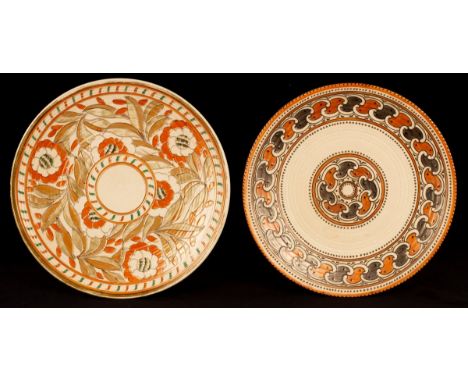 Charlotte Rhead (1885-1947) for Crown Ducal, a large pottery charger, with tube line polychrome and lustre floral design, no.