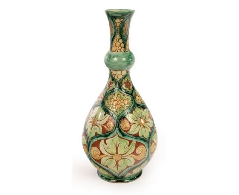 Della Robbia, an Art Nouveau pottery vase, dated 1900, by Charles Collis and Liz Wilkins, pear shaped with knopped neck, inci