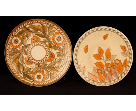 Charlotte Rhead (1885-1947) for Crown Ducal, a pottery charger tube lined with orange and green floral design, no.4491, signe