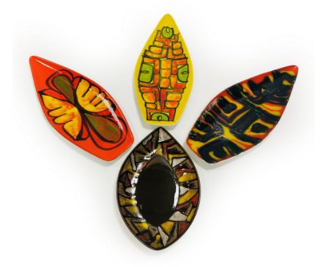 Poole Pottery, three Delphis spear plates, 43cm long and a Delphis teardrop plate, 31cm long