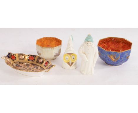 Two Royal Worcester candle snuffers, Toddie and Owl, a Wedgwood butterfly lustre octagonal bowl, another similar, and a Royal