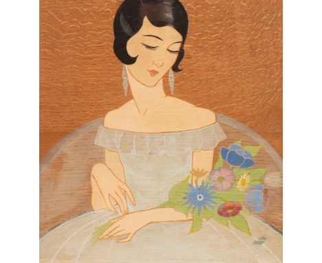 Early 20th Century/Portrait of an Art Deco Lady/seated with a bouquet of flowers/watercolour on wood panels, 54.5cm x 51cm CO