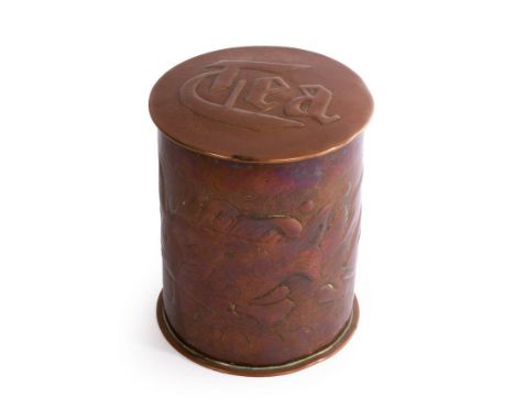 Newlyn, a lined copper cylindrical jar and cover, Tea embossed to lid, decorated stylised fish, impressed mark, 10cm high CON