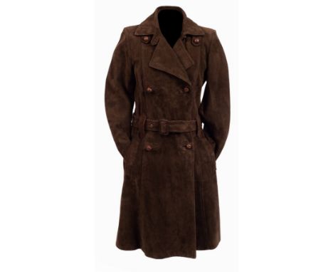 A Bally brown suede trench coat, double breasted, with a belt and woven leather knot buttons, size 34 CONDITION REPORT: Overa