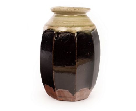 Richard Batterham (1936-2021), a stoneware cutsided vase, tenmoku and ash glazes, 25cm high/Provenance: purchased directly fr