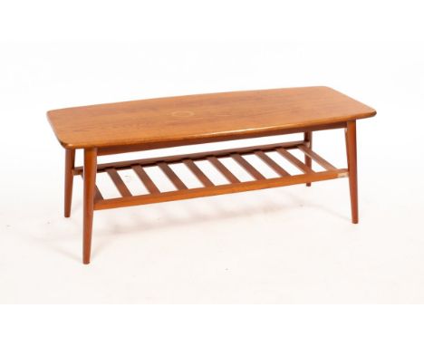 A mid Century teak coffee table, with slatted shelf under, 104cm wide, 44cm deep CONDITION REPORT: Condition information is n