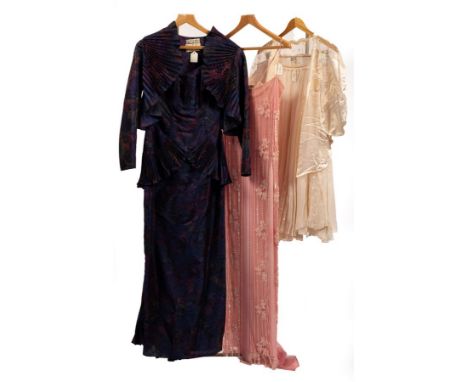 A Tom Bowker evening dress, the fitted strapless dress and bolero jacket both with pleated trim, size 8, a pink long sequin a