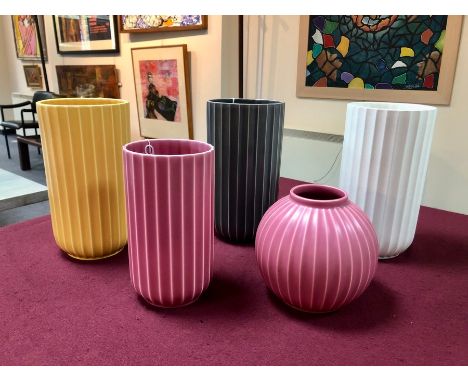 Poole Pottery, a ribbed globe vase, 15cm high, two tall ribbed vases, 24cm high and two others(5) CONDITION REPORT: Condition