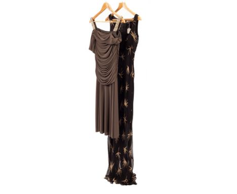 A Bruce Oldfield short jersey cocktail dress with sequin and diamanté straps and another Bruce Oldfield long print chiffon sl