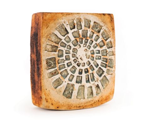 Alan Wallwork (1931-2019), a stoneware rectangular vase with circular incised glazed filled design, incised mark beneath, 20.