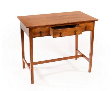 Peter Waals (1870-1937) Walnut side table, circa 1920, Inlaid chequer beading throughout, fitted three frieze drawers with sc