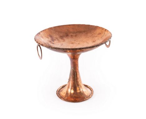 A large hammered copper pedestal bowl with two ring handles, impressed Olbury hand beaten English made, 29cm diameter CONDITI