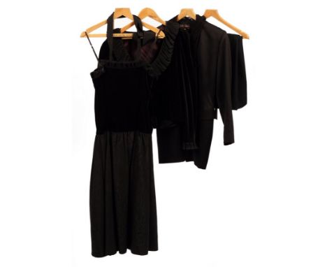 A Gina Fratini black evening dress and jacket, the dress with velvet bodice and a taffeta skirt, both trimmed with pleated ta