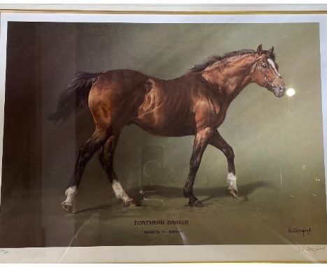 An S L Crawford signed print, Northern Dancer, limited edition number 460/500, three humorous signed signed prints, including
