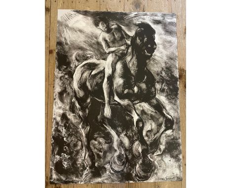 A Lin Jammet limited edition print, figure riding a horse, 34/50, signed and dated '92, 77 x 56 cm, and another of a figure, 