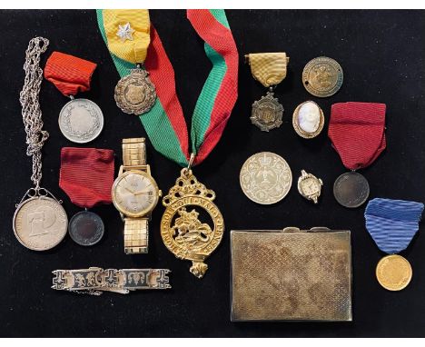 A silver cigarette case, various costume jewellery, medals, and commemorative coins (box) 