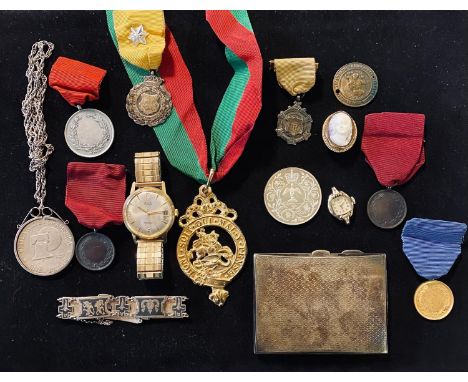 A silver cigarette case, various costume jewellery, medals, and commemorative coins (box) 