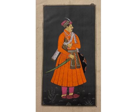 An Indian manuscript page, painted with horse and rider, 21 x 13 cm, and a pair of male figures, 19 x 12 cm (3)Various losses