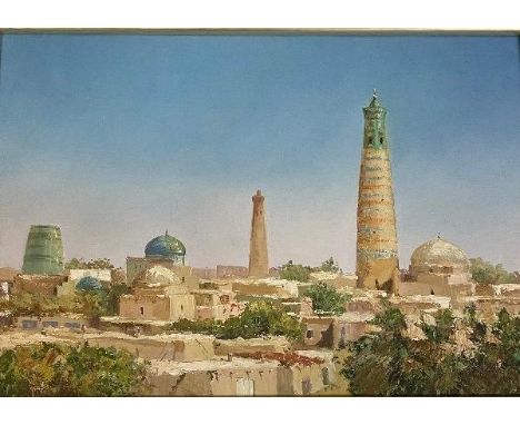 Manorama Xira, Middle Eastern school, landscape with temple, oil on canvas, signed verso, 34 x 48 cm, another landscape, oil 
