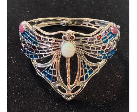 A silver, opal, ruby and sapphire dragonfly bangleModern 